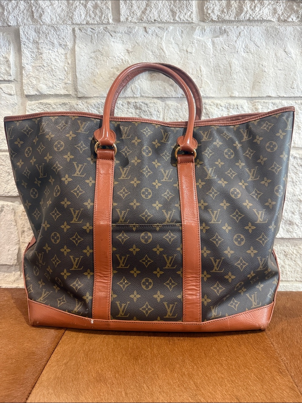 Louis Vuitton Monogram Large Canvas Tote with Brown Trim